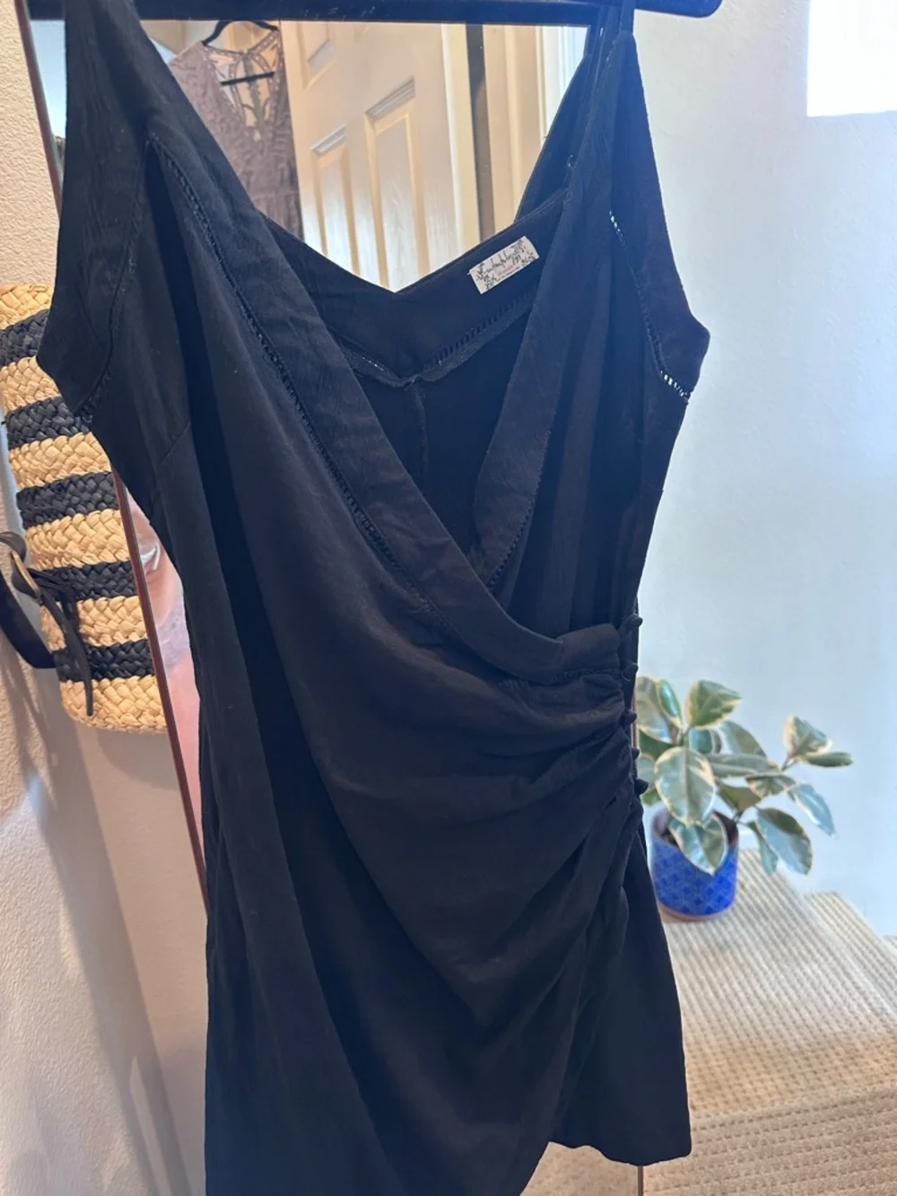 Free People Dylan Mini Dress Black M Bodycon Wrap Ruched Button Detail Slip